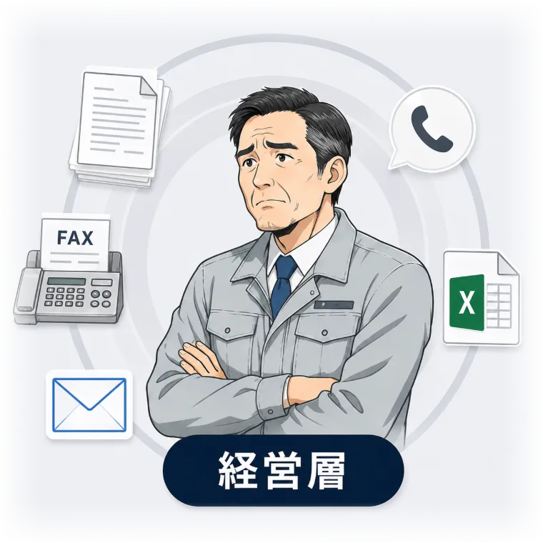 報告書やFAXに囲まれ、腕を組む経営層