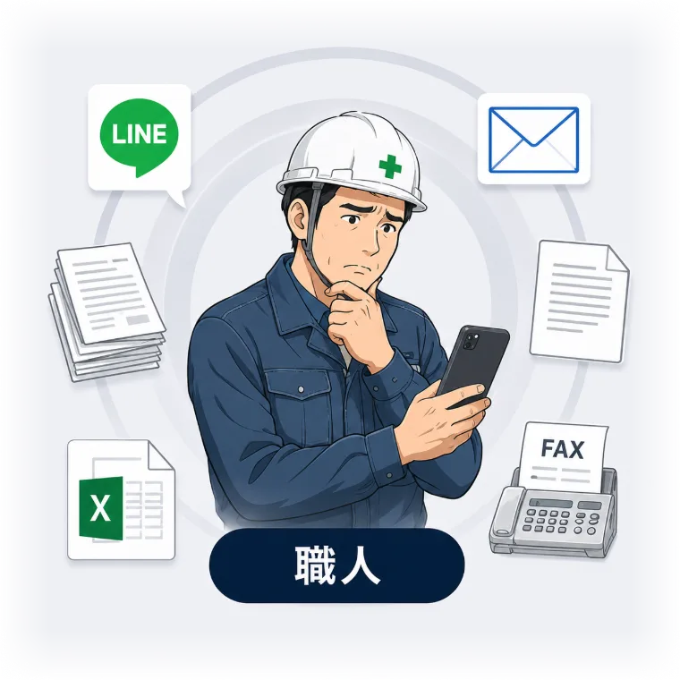 スマートフォンでLINEの連絡を確認する職人