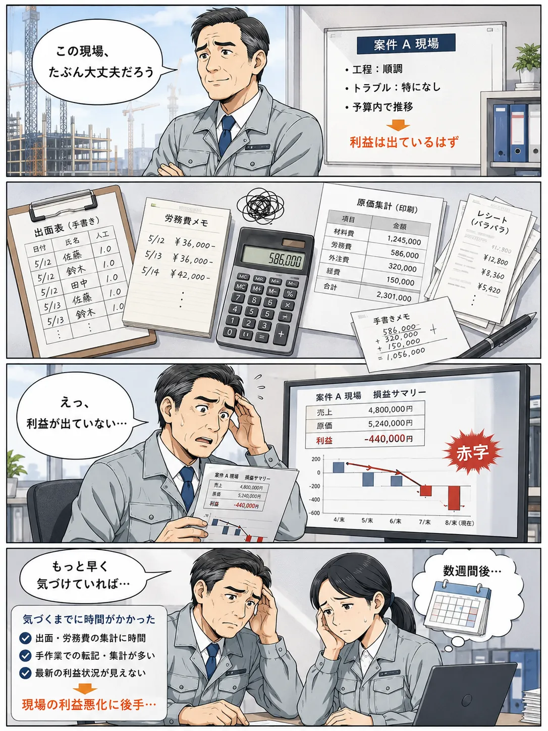 課題03：集計が遅れ、現場が赤字になっていたことに後で気づく様子を描いた4コマ漫画